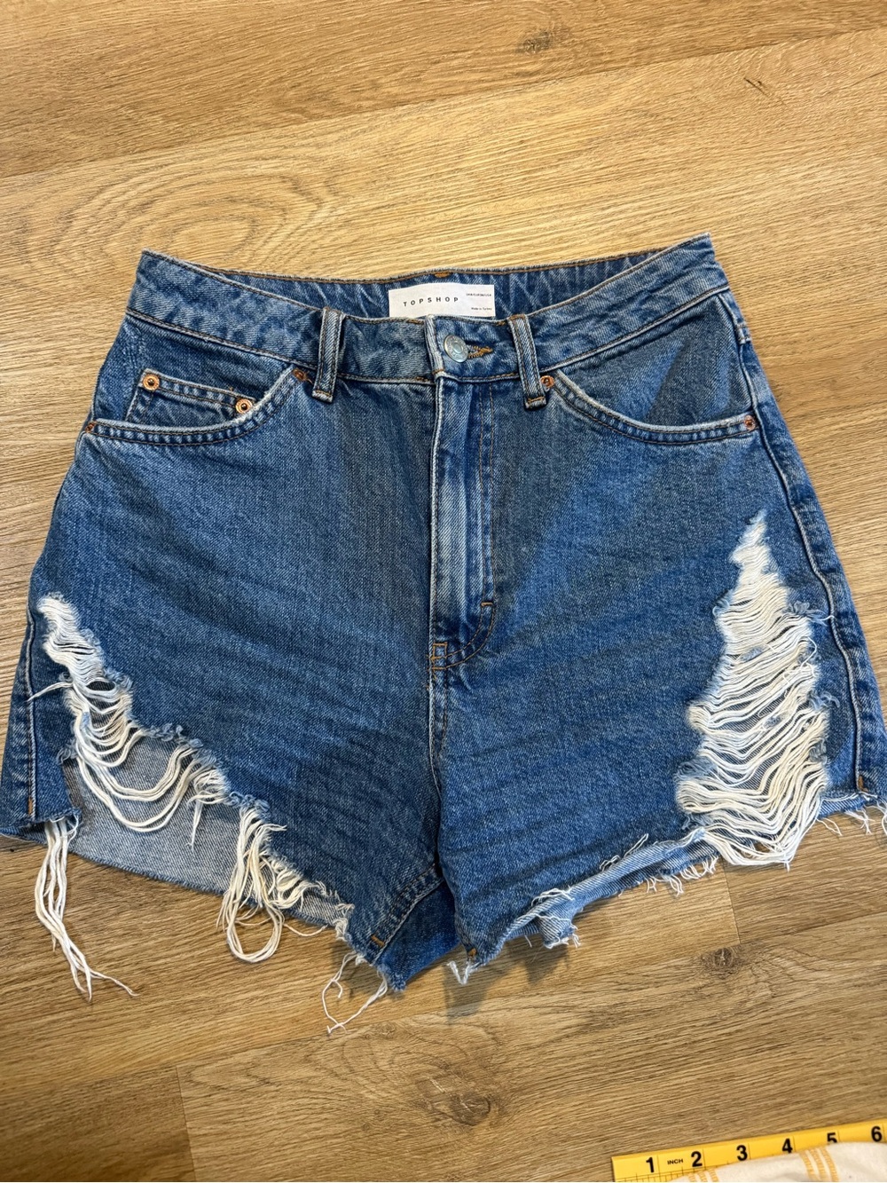 Topshop High-Waist Distressed Denim Shorts - Blue Size 4